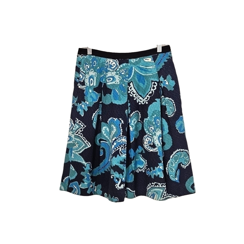 Tory Burch Blue Paisley Textured Silk Flare Skirt